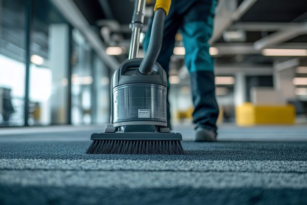 Person using a black floor scrubber on a carpeted office floor