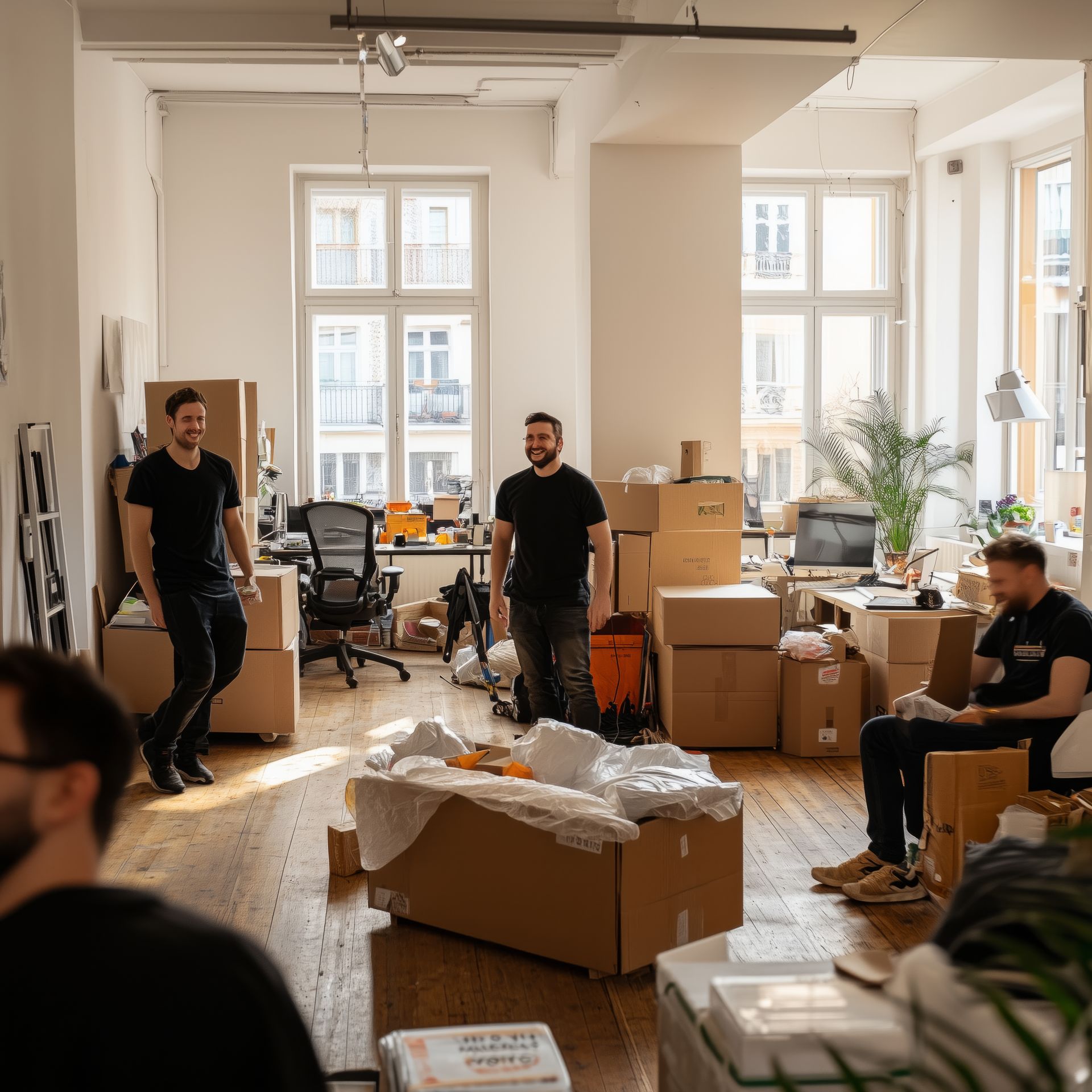 People in a bright office moving boxes during a relocation, with furniture and packing materials scattered around.