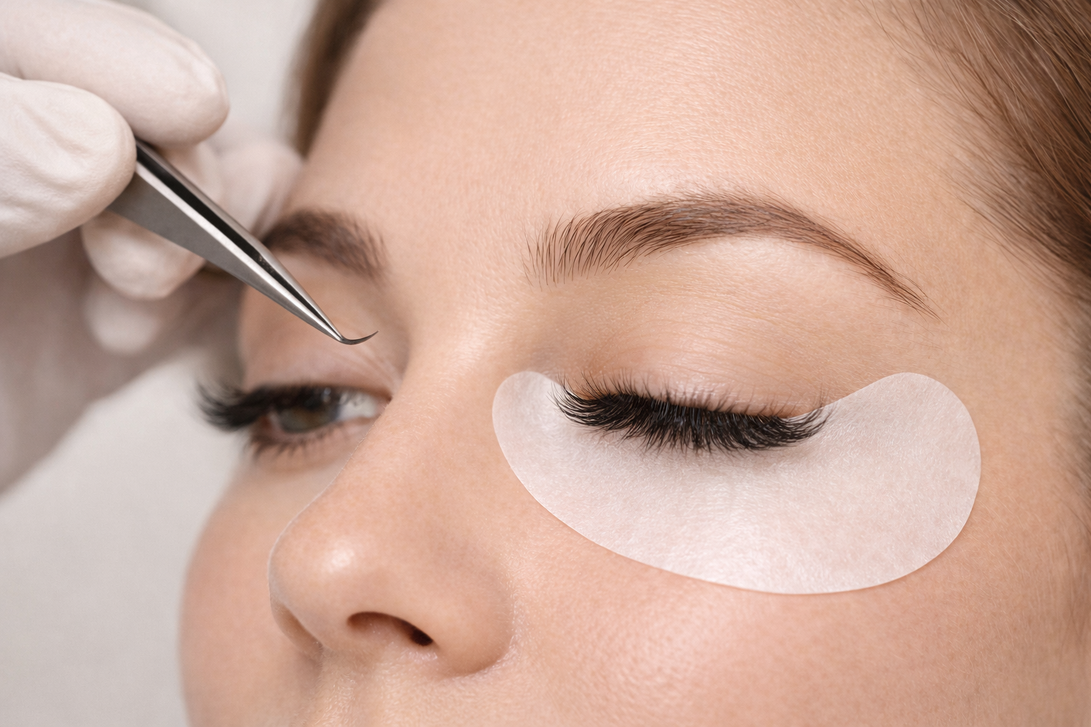 Eyelash extensions being applied; tweezers, eye patch, close-up of eye, salon setting.