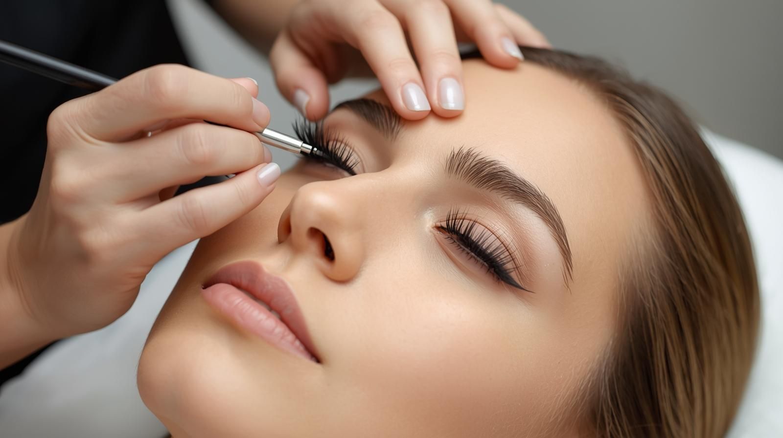 Woman receiving eyelash extensions; technician applying lashes with a brush.