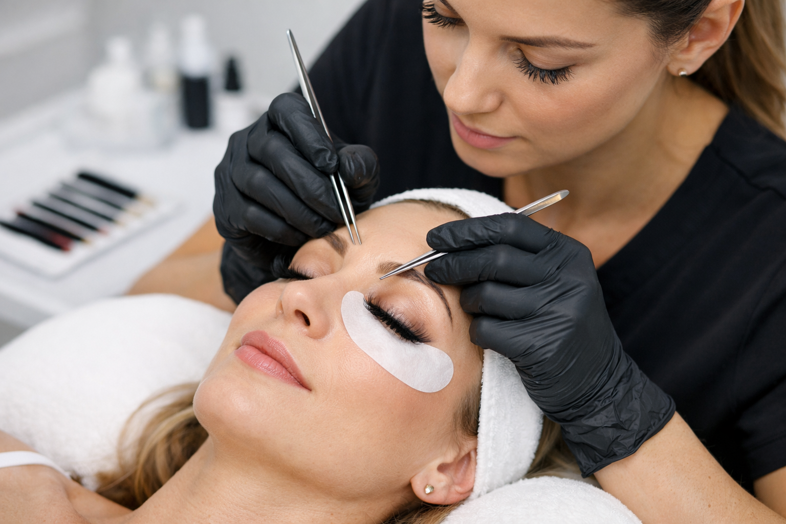 Woman receiving eyelash extensions from a technician wearing black gloves in a beauty salon.