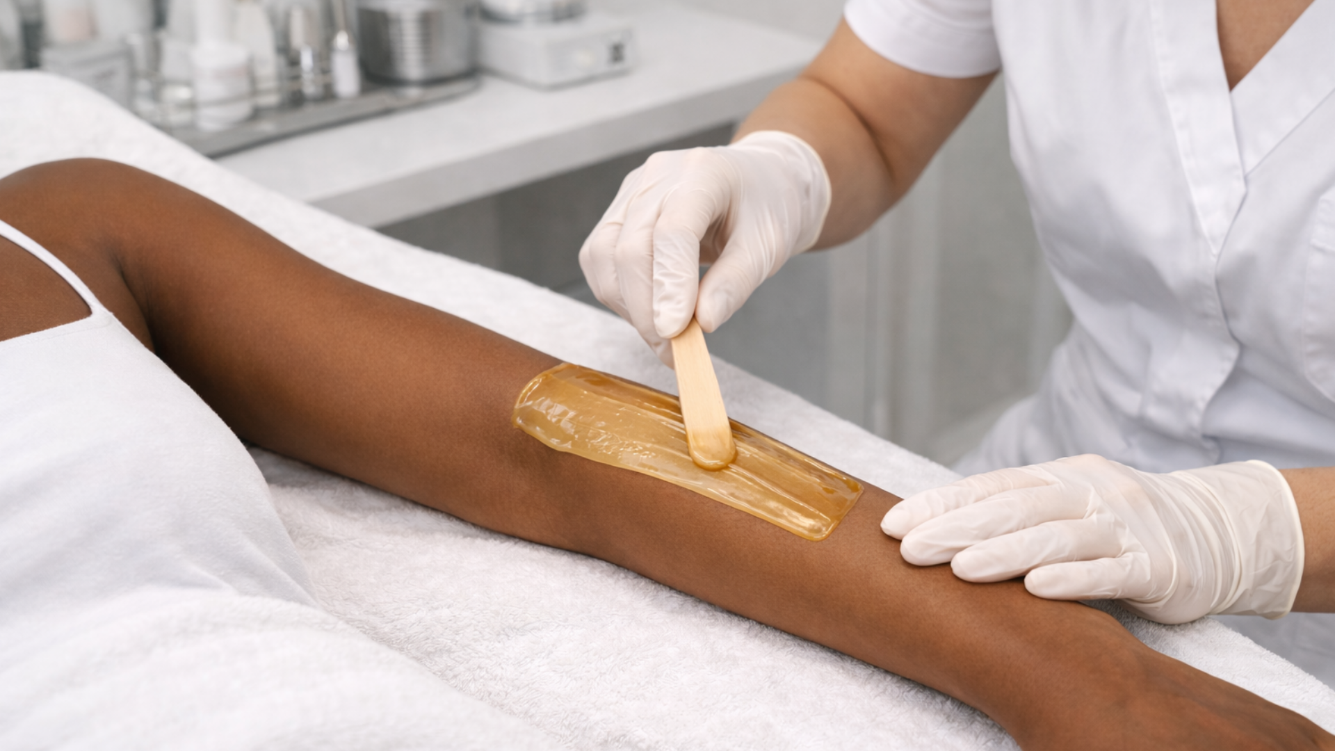 Waxing a person's dark-toned arm with a wooden applicator in a professional setting.