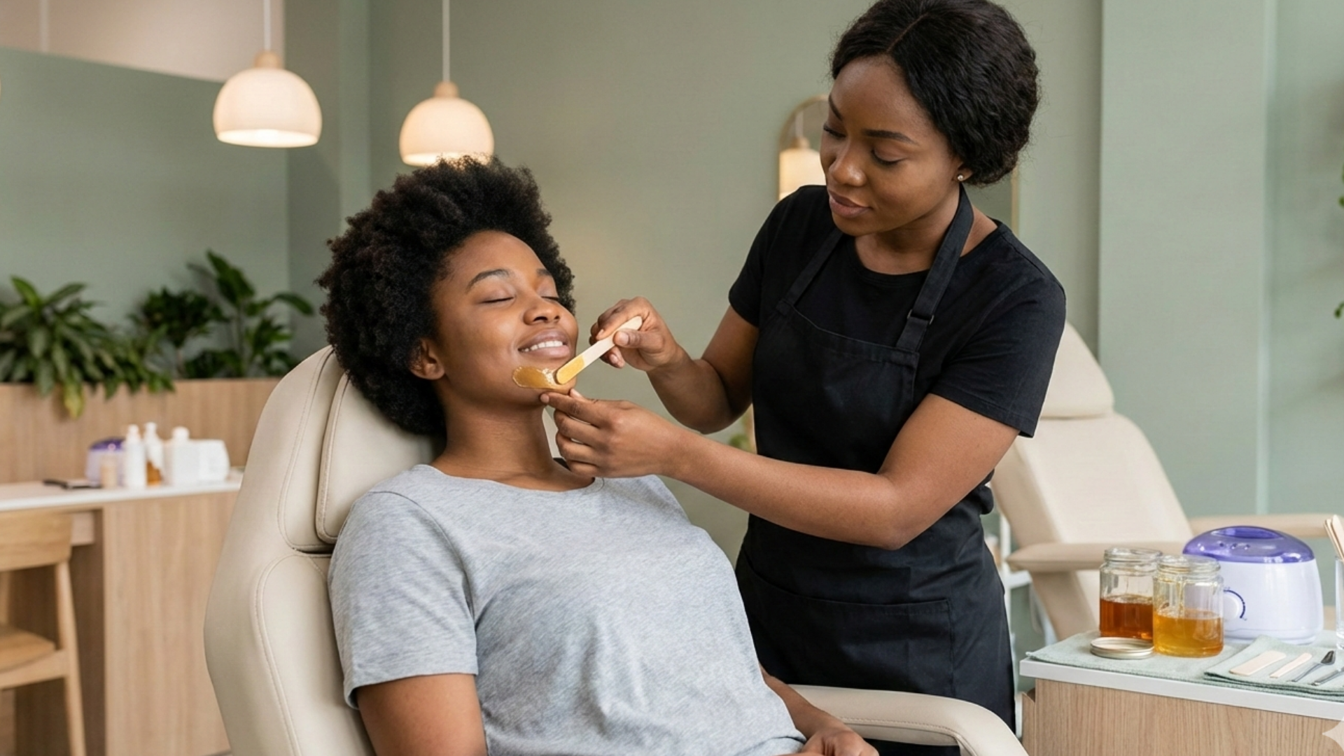 Woman getting lip waxed by another woman in a salon. Both smiling.