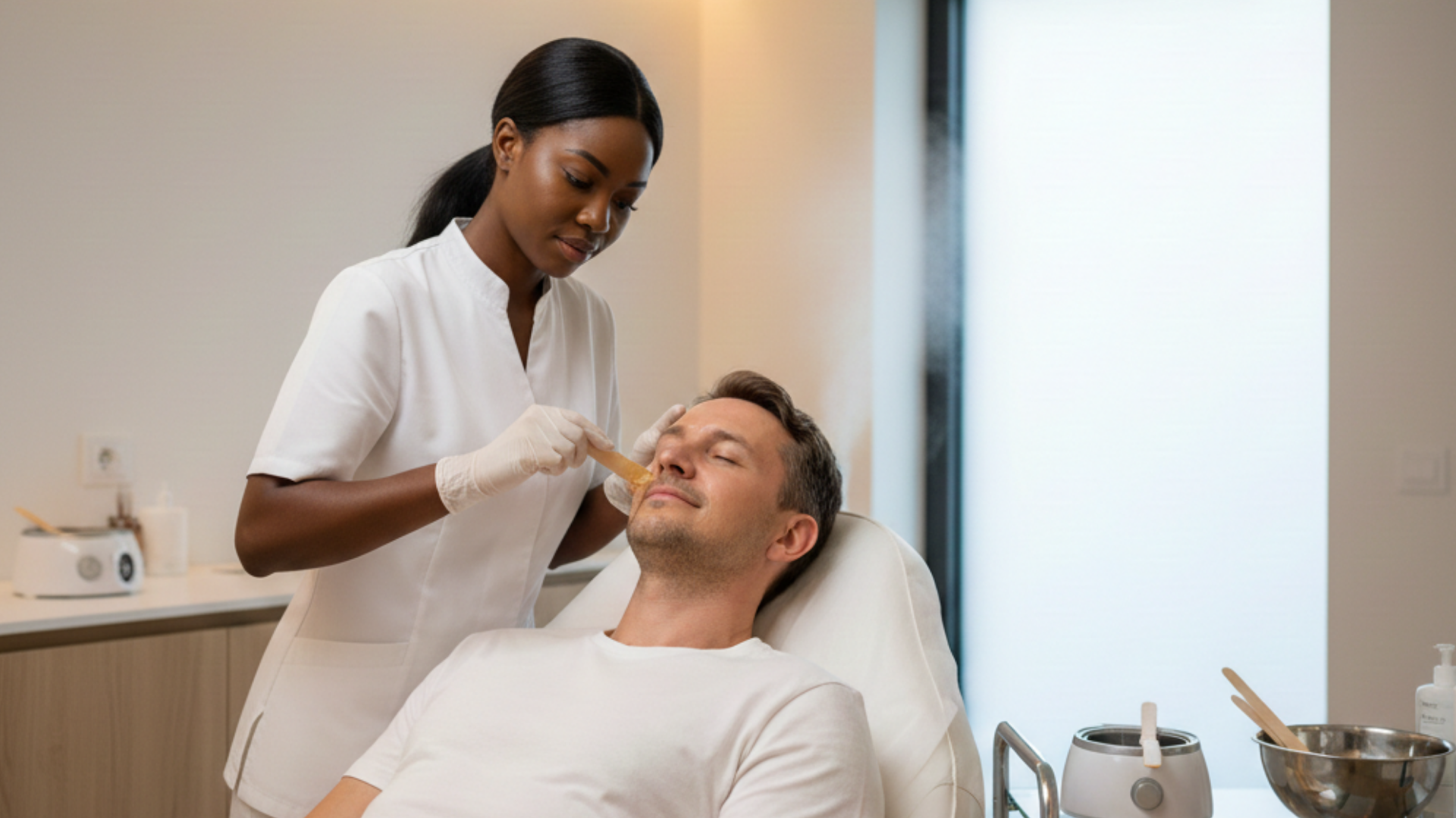 Esthetician applies wax to a person's face. Person reclines on a treatment bed. Interior setting.