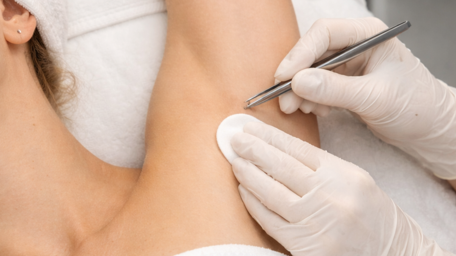 Person receiving electrolysis on their underarm, performed by a gloved hand with tweezers.