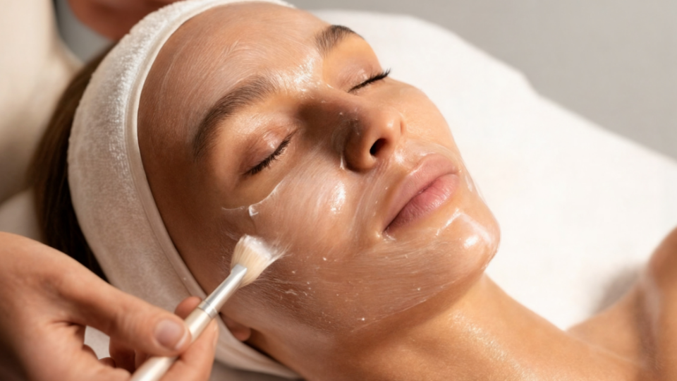 Person receiving facial treatment; cosmetician applying a cream with a brush.