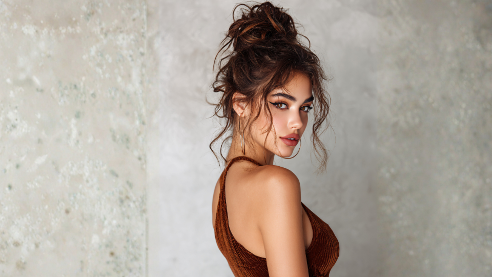 Woman with messy bun, brown dress, posing against a neutral-toned wall, looking over shoulder.