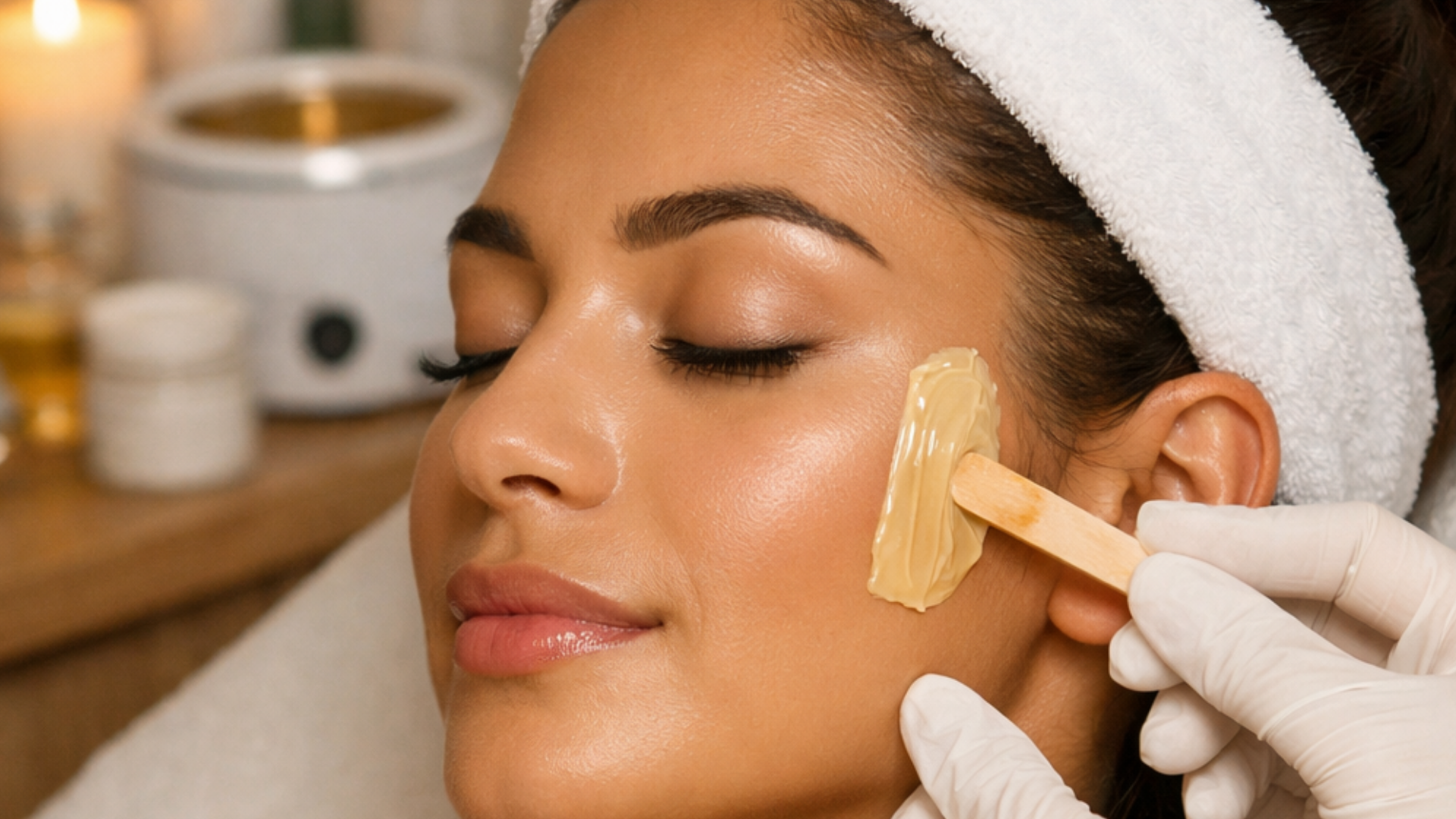 Woman getting facial waxing in a spa setting; gloved hand applies wax to cheek.