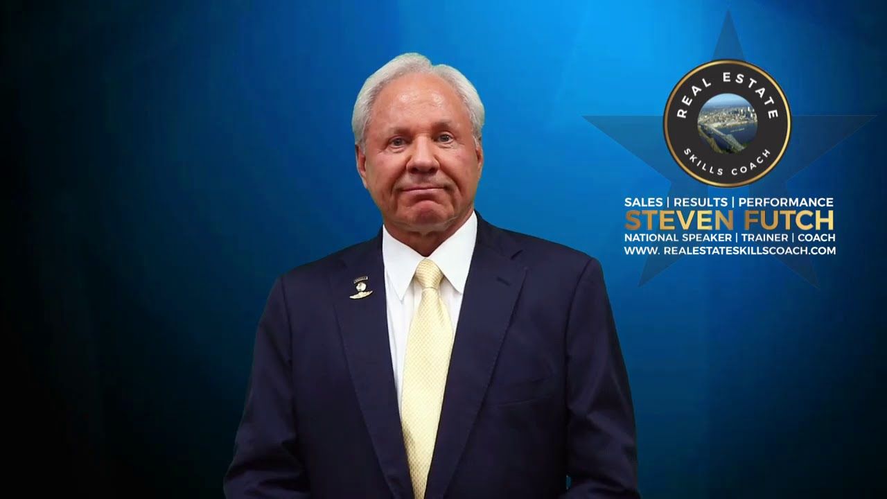 Real estate agent Steven Futch in a suit, with logo and website address on a blue background.