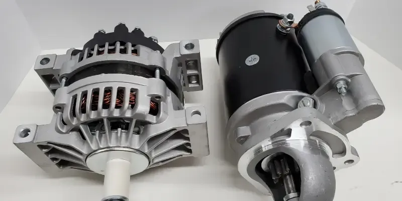 Close-up of a car alternator with a black belt and visible copper windings in an engine bay