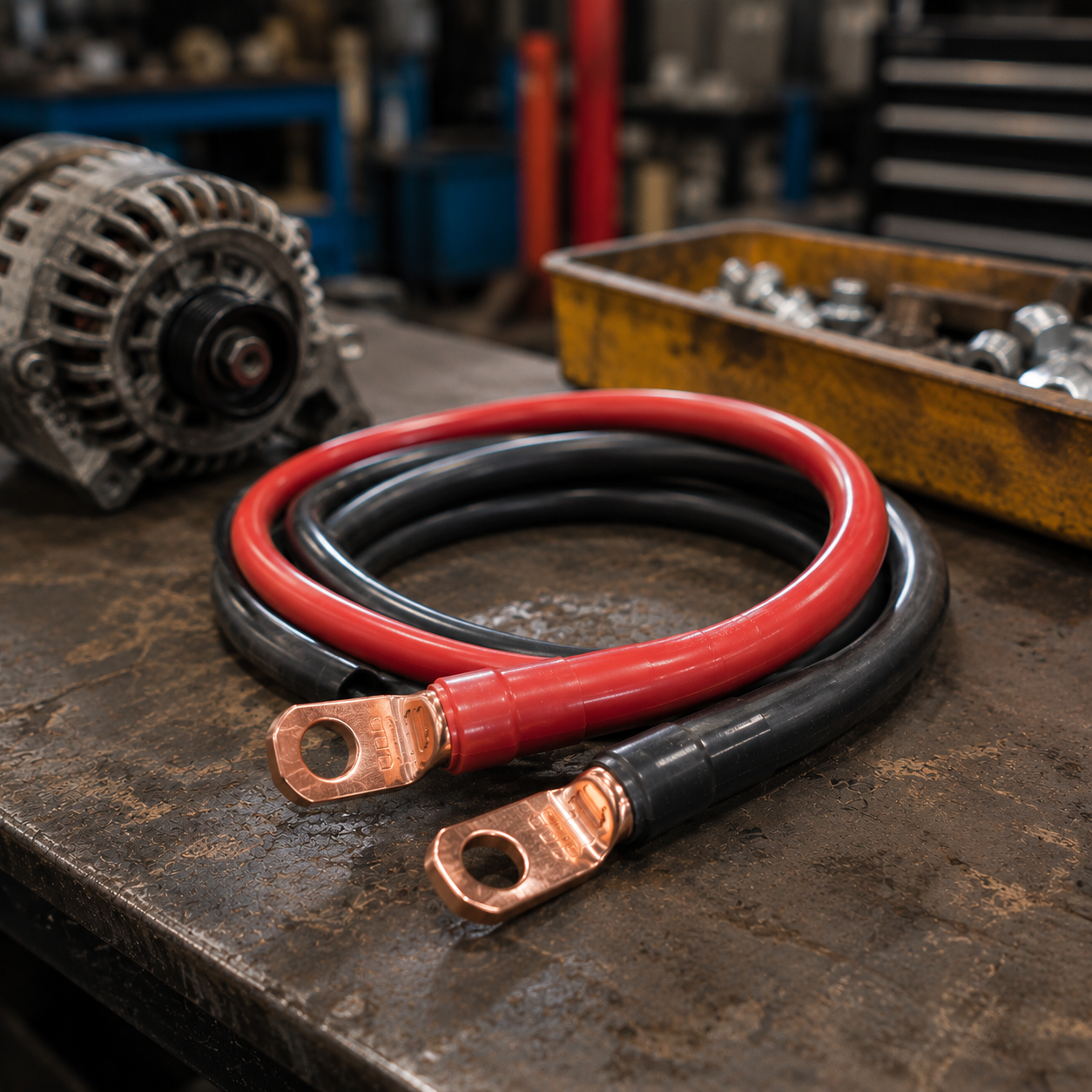 Red and black battery cables with copper lugs on a workshop bench beside engine parts