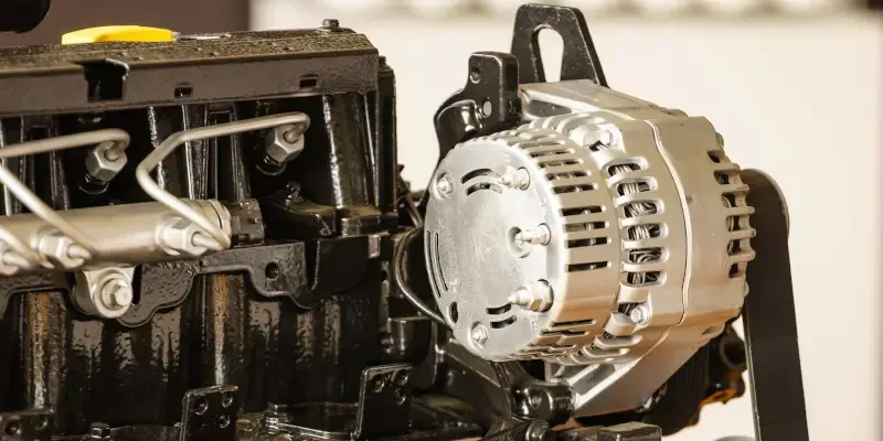 Car alternator on a workshop floor, with blurred shelves in the background