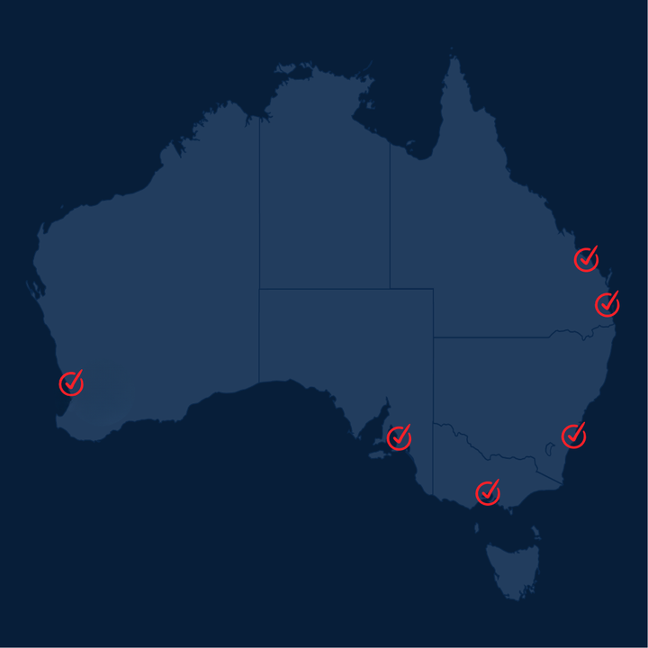 A blue map of australia with red circles on it.