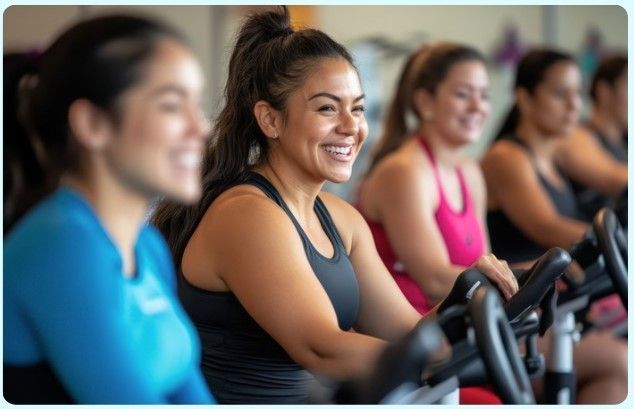 Women smiling while cycling in a gym.