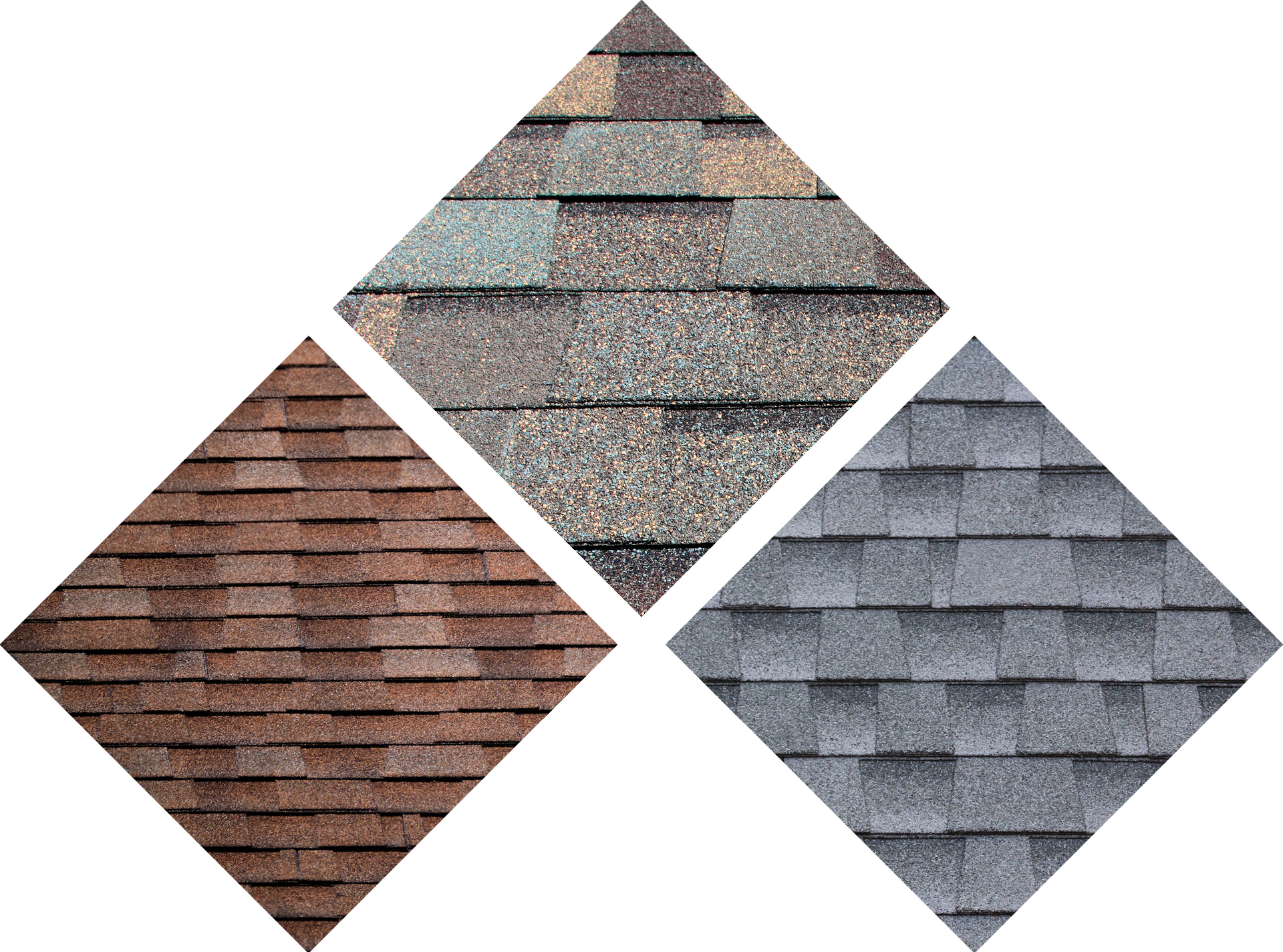 Three different types of shingles are arranged in a diamond shape.