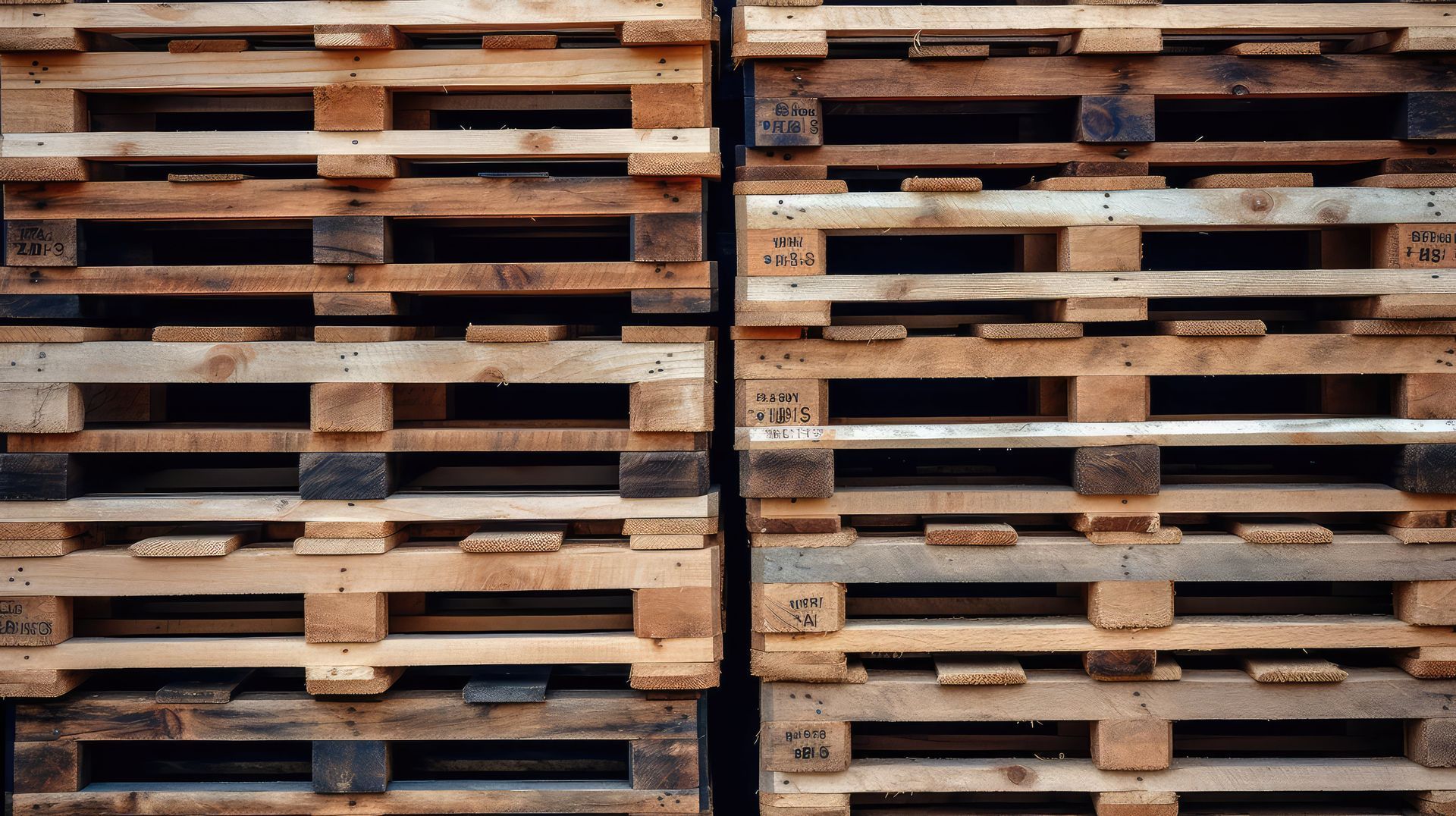 A truck filled with lots of wooden pallets is parked in a parking lot.