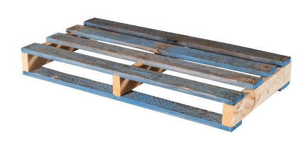 A blue and brown wooden pallet on a white background. A blue and brown wooden pallet on a white background.