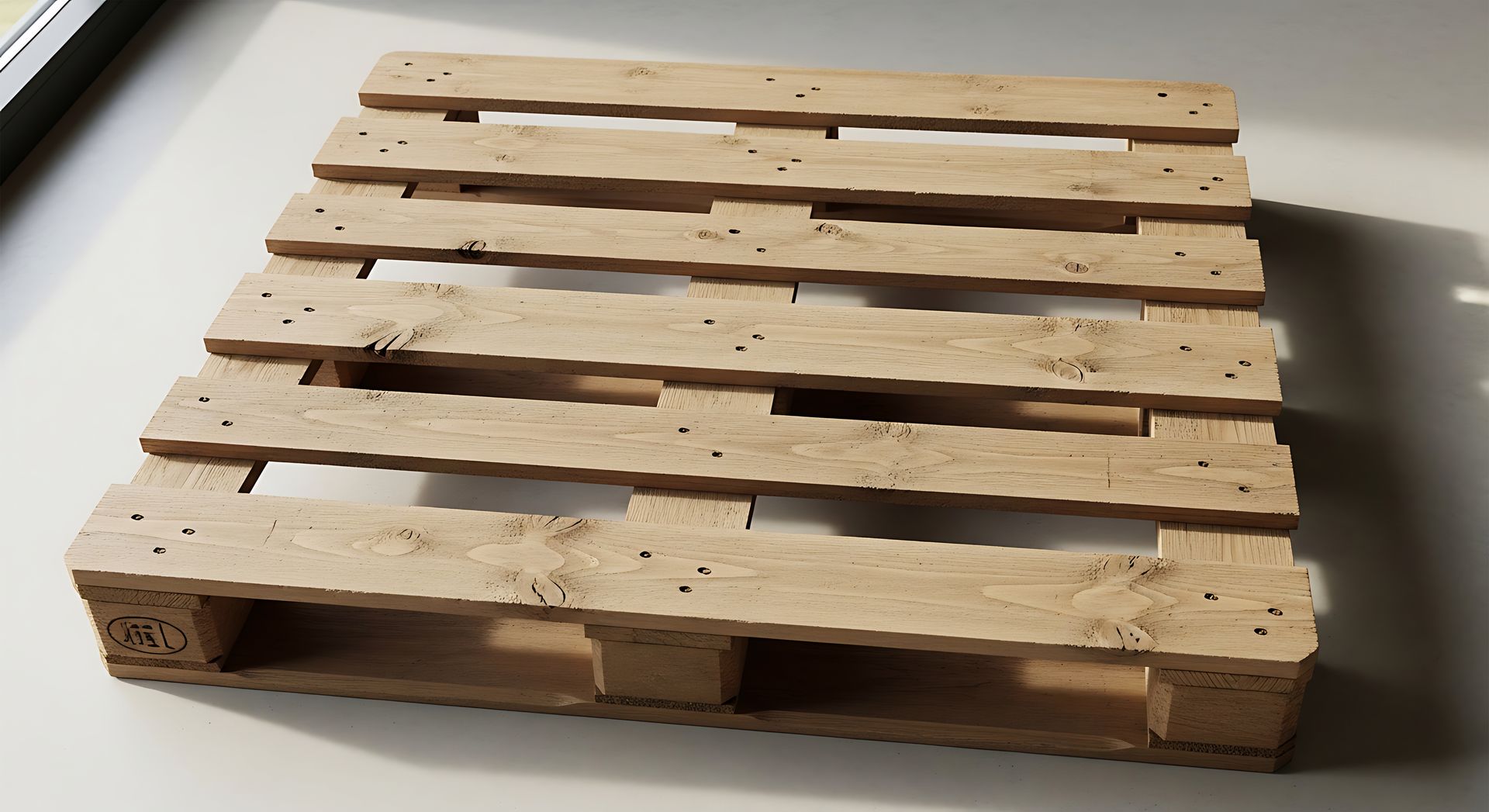 A wooden pallet is sitting on a white surface. A wooden pallet is sitting on a white surface.