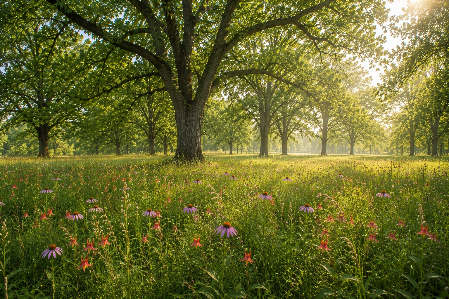 Sunlit orchard meadow with blooming wildflowers under tall green trees