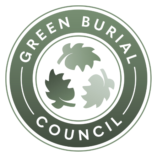 Green Burials Council circular logo in green and white with leaf icons