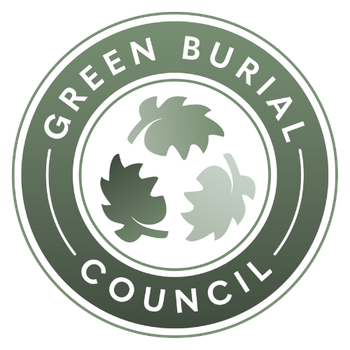 Green Burials Council circular logo in green and white with leaf icons
