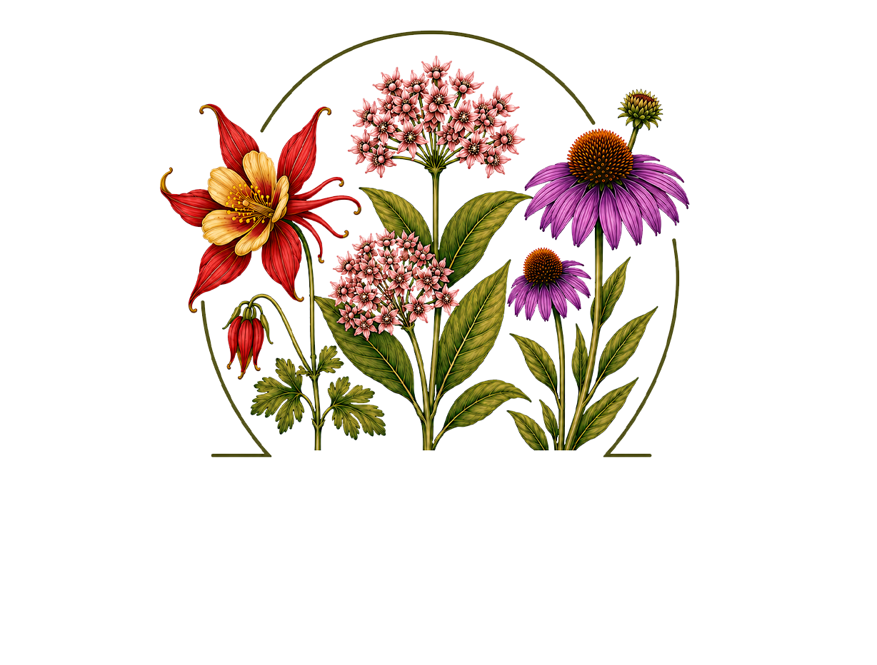 Watercolor bouquet of red, pink, and purple wildflowers with green leaves on a white background