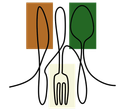 Un disegno continuo di un coltello, una forchetta e un cucchiaio su tre quadrati colorati: marrone, crema e verde.