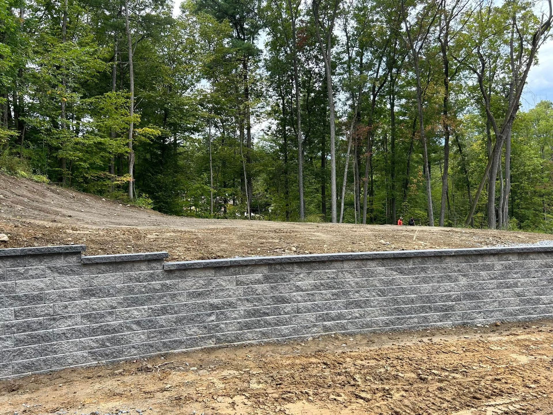 There is a brick wall in the middle of a dirt field with trees in the background.