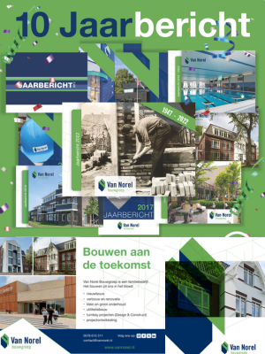 Foto van een compilatie van 10 voorzijdes van jaarberichten voor Van Norel Bouwgroep Epe.