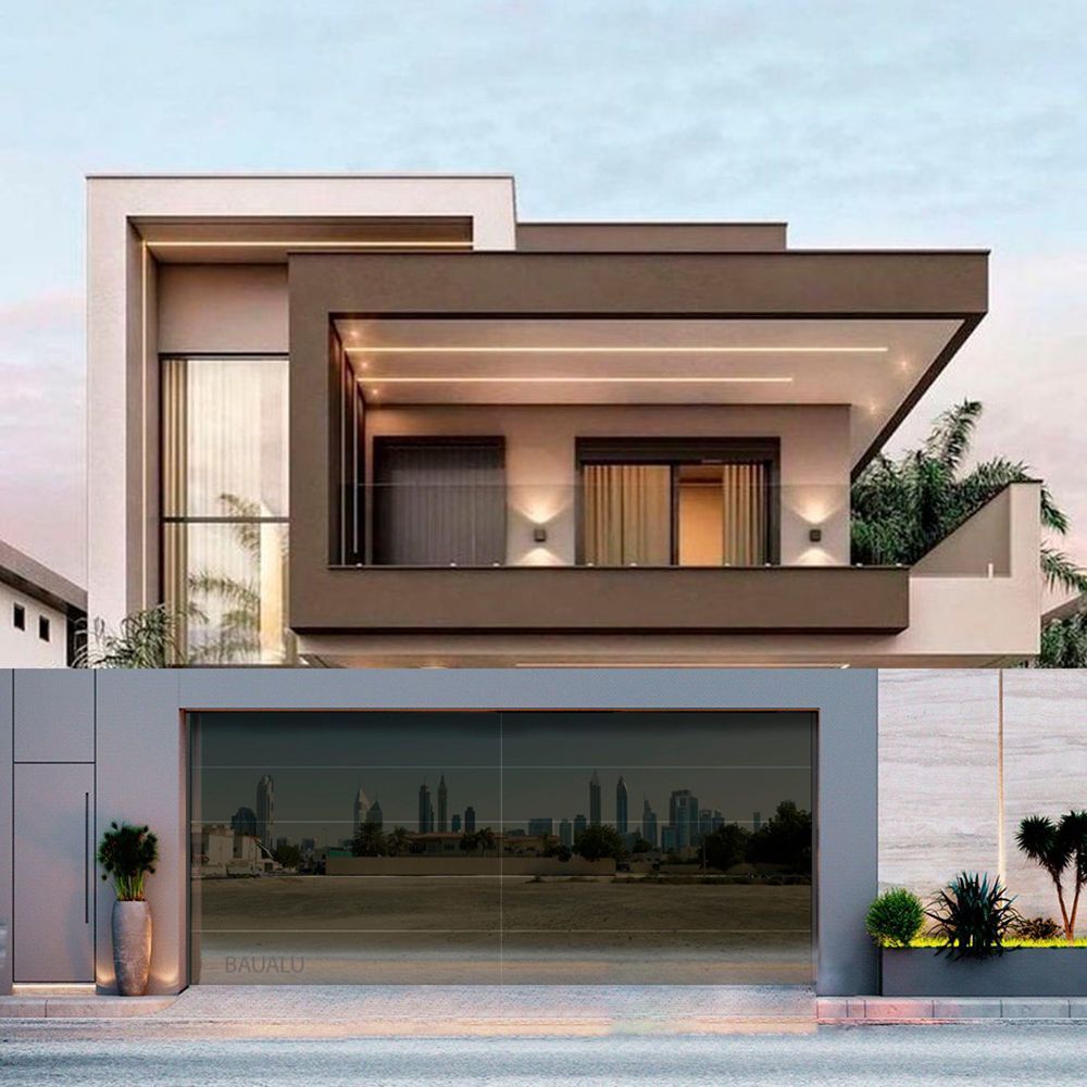 Modern two-story house with large glass windows, gray facade, and warm exterior lighting at dusk