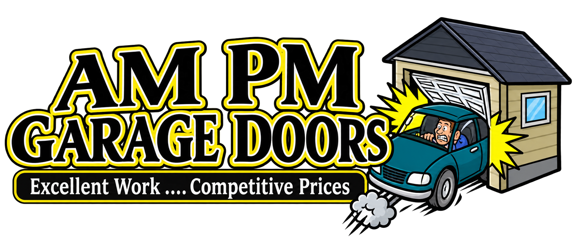 AM PM Garage Doors logo with a garage, green truck, and text: “Excellent Work-Competitive Prices”