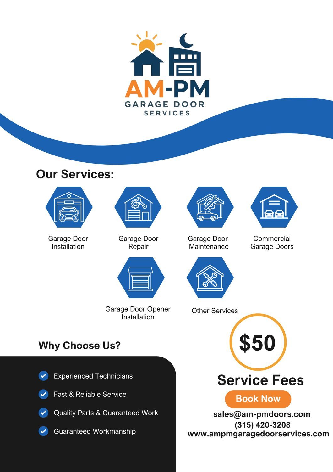 AM-PM Garage Door service flyer with blue logo, service icons, and $50 service fee badge