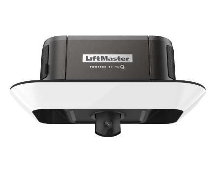 White and black LiftMaster garage door opener with camera underside