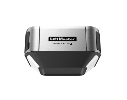 Silver and black LiftMaster garage door opener on a white background
