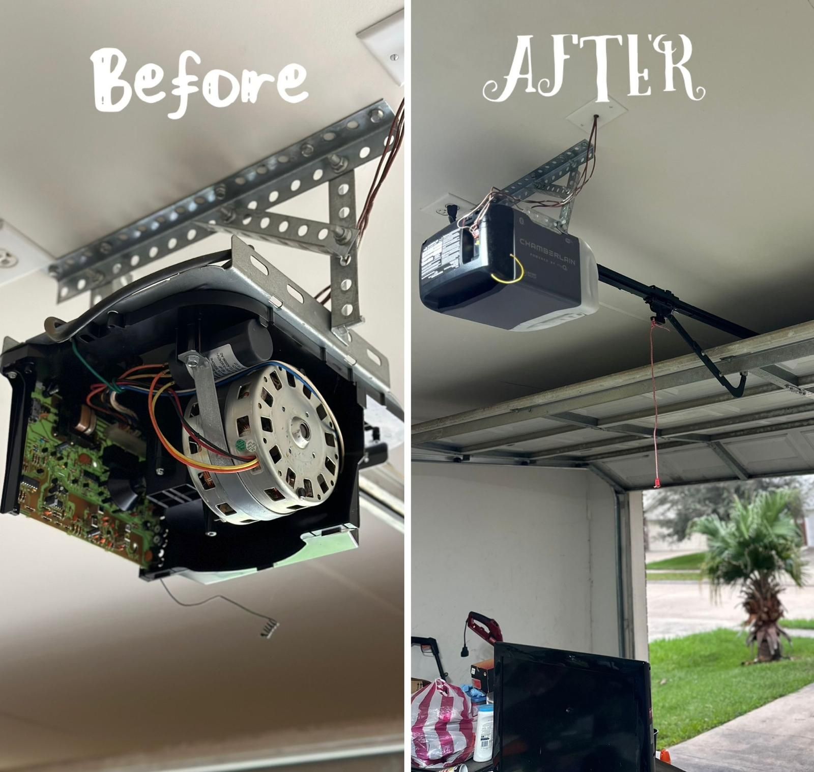 Garage door opener before/after: messy exposed mechanism beside a neat mounted opener on the ceiling.