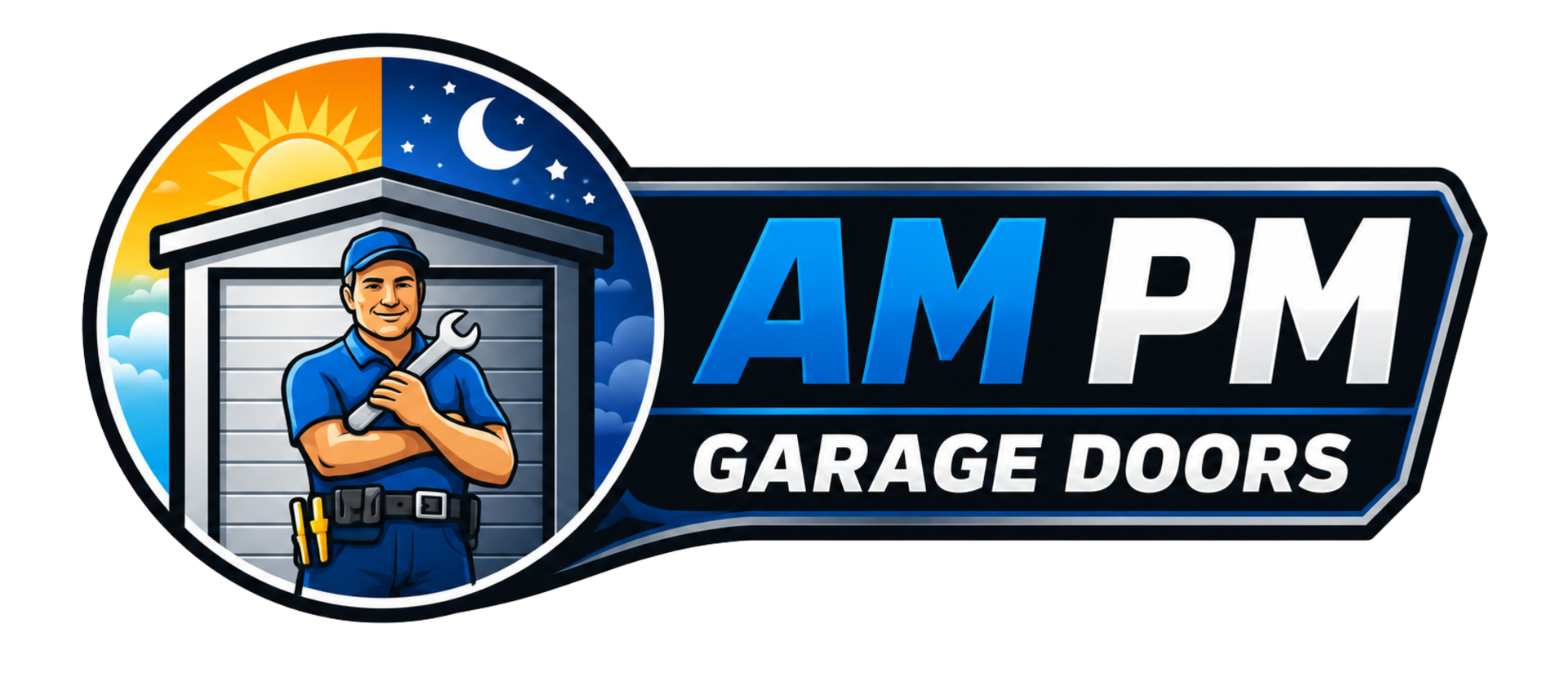 AM PM Garage Doors logo with a garage, green truck, and text: “Excellent Work-Competitive Prices”