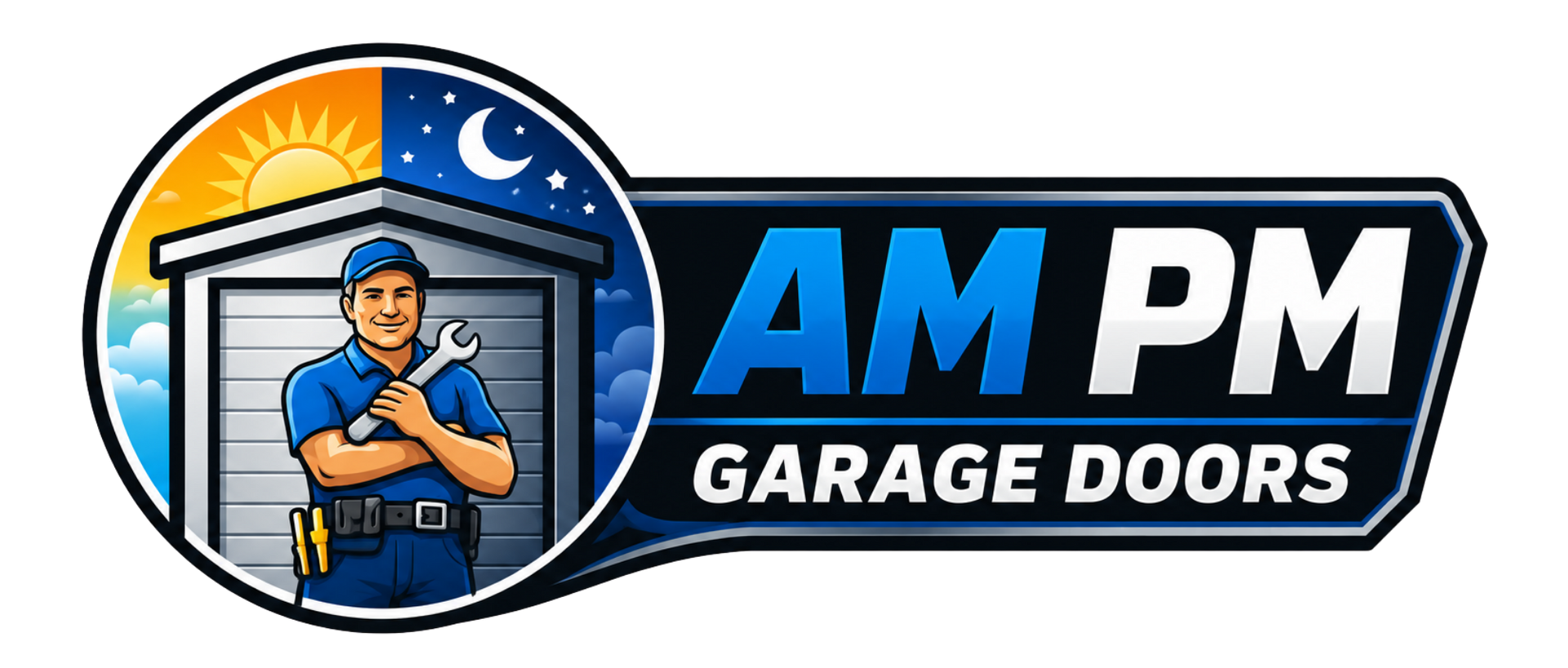 AM PM Garage Doors logo with a smiling technician in front of a garage, under sun and moon icons