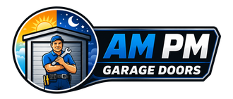 AM PM Garage Doors logo with a smiling technician in front of a garage, under sun and moon icons