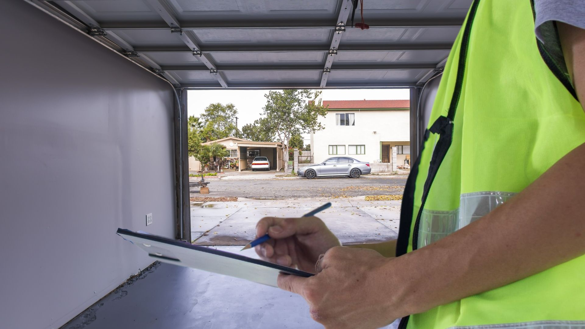 Person in a neon safety vest writing on a clipboard inside a vehicle, with a street visible outside.
