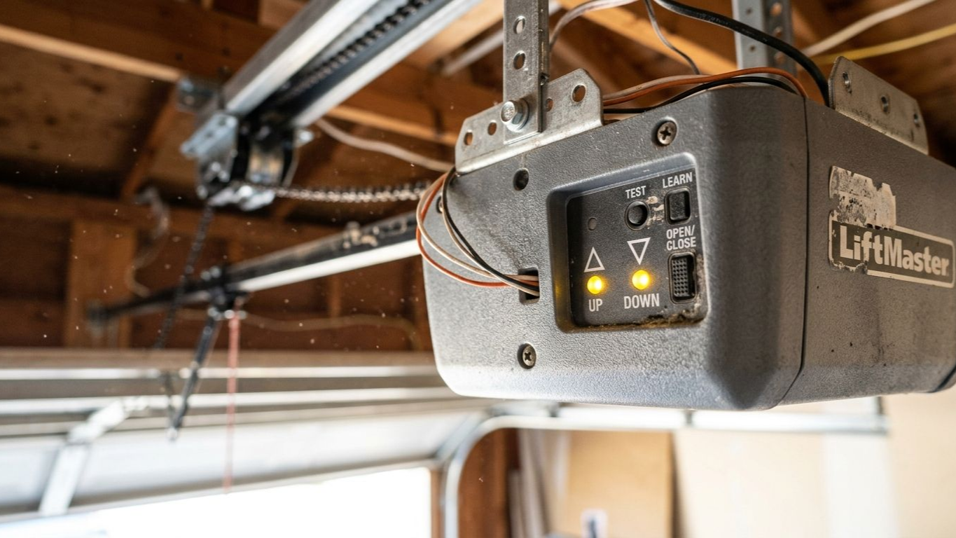 Garage door opener mounted to ceiling rails in a garage