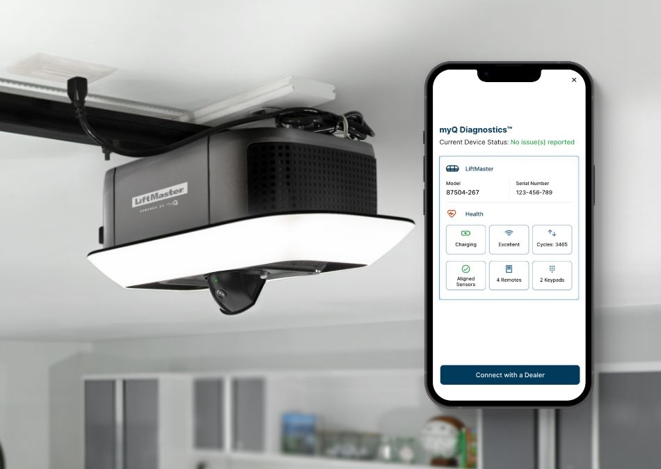 Garage door opener with a smartphone control app showing device settings and controls.