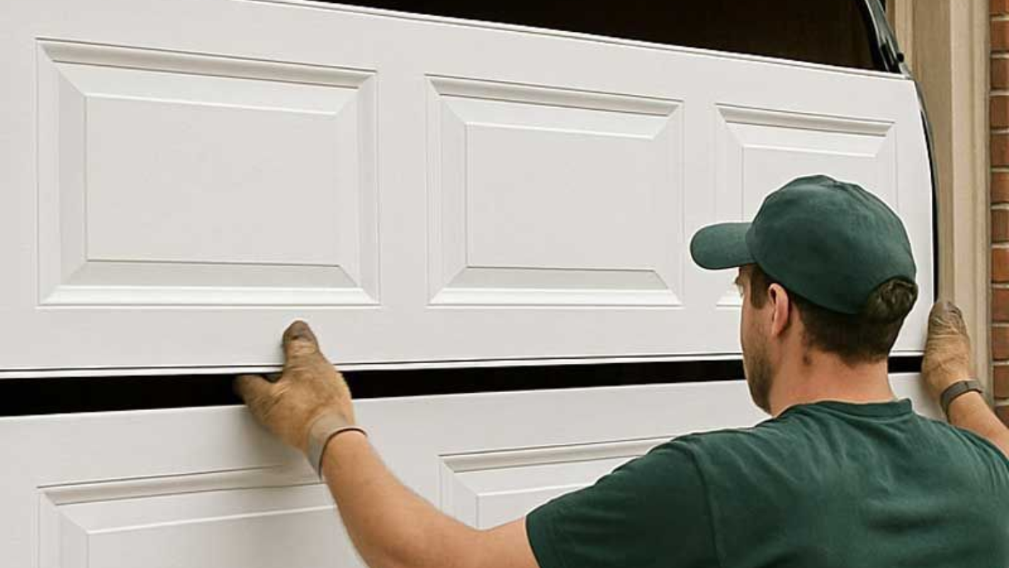Person in green cap lifting a white garage door with both hands