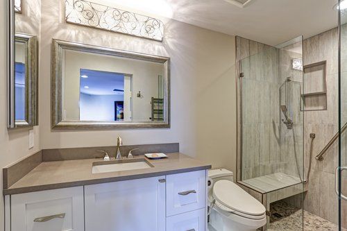 A bathroom with a toilet , sink , mirror and walk in shower.