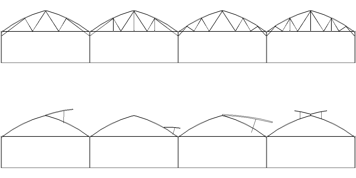 Schema tecnico di campate ad arco ripetute di un ponte/traliccio disposte su due file sovrapposte, disegno a linee nere su sfondo bianco.