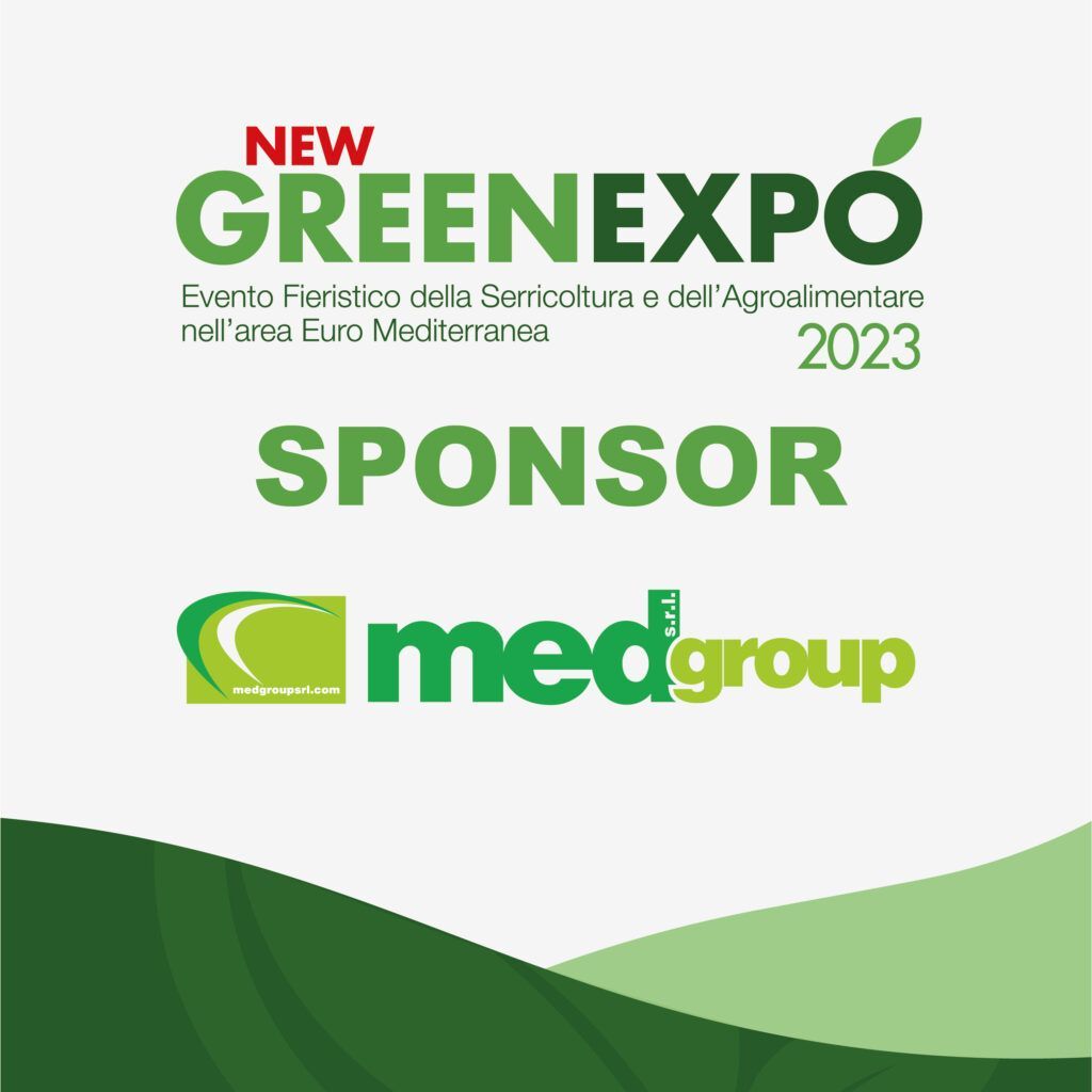 Poster di sponsorizzazione di GreenExpo 2023 con il logo Medgroup su sfondo bianco e verde.