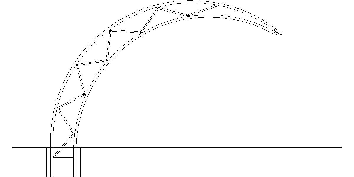 Arco astratto in bianco e nero con linee tratteggiate, che ricorda un ponte o una tettoia stilizzata su sfondo bianco.