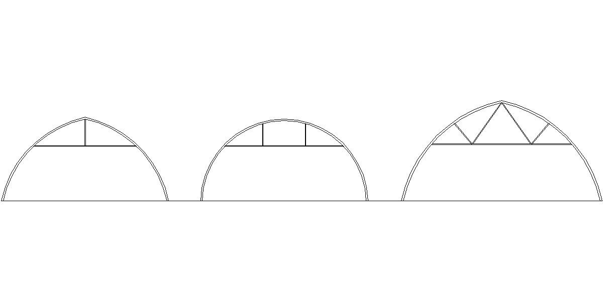 Tre semplici diagrammi ad arco con contorni tratteggiati e uno spazio bianco sotto ogni apice