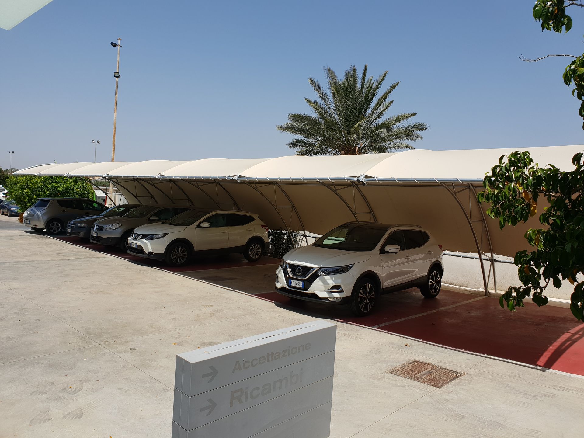 Parcheggio coperto con diverse auto parcheggiate accanto a un edificio bianco e una palma.