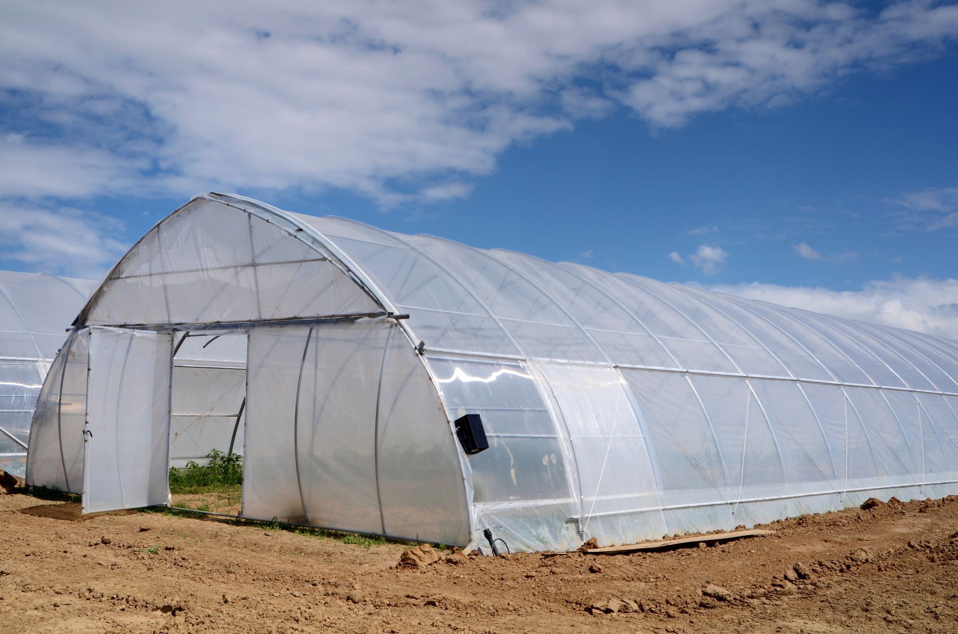 Serra a tunnel in plastica bianca su un campo di terra sotto un cielo azzurro