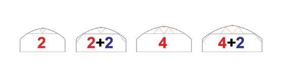 Tre semplici diagrammi ad arco con contorni tratteggiati e uno spazio bianco sotto ogni apice